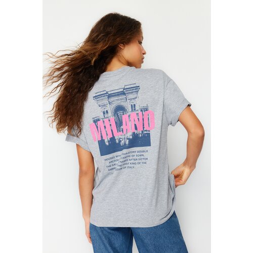Trendyol Gray Melange 100% Cotton Front Back Printed Oversize/Wide Fit Crew Neck Knitted T-Shirt Slike