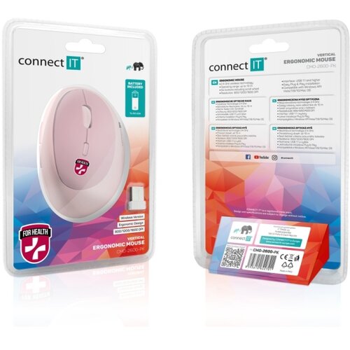 Connect IT CMO-2600-PK - Ergonomski bežični mi&amp;scaron; 800/1200/1600 DPI 1xAA roze Slike