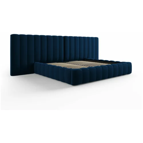 Milo Casa Temno modra oblazinjena zakonska postelja s prostorom za shranjevanje in letvenim dnom 200x200 cm Gina –