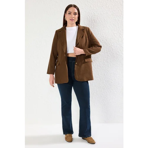 Trendyol Curve Brown Suede Woven Plus Size Jacket