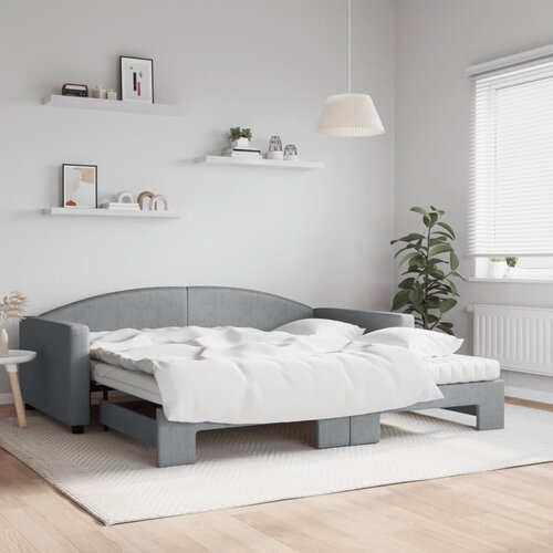 VidaXL Izvlečna dnevna postelja z vzmetnicami siva 100x200 cm blago Slike