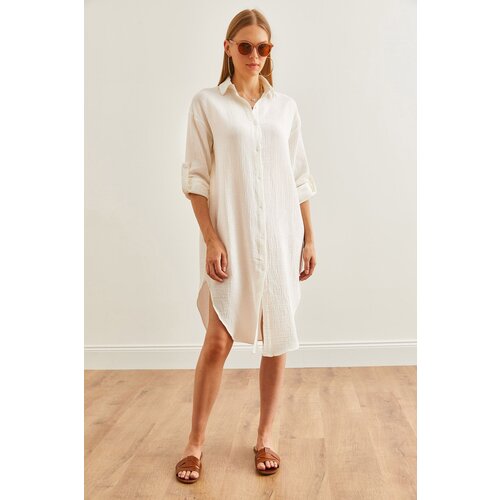 Olalook Women's White Side Slit Oval Muslin Shirt Dress Slike