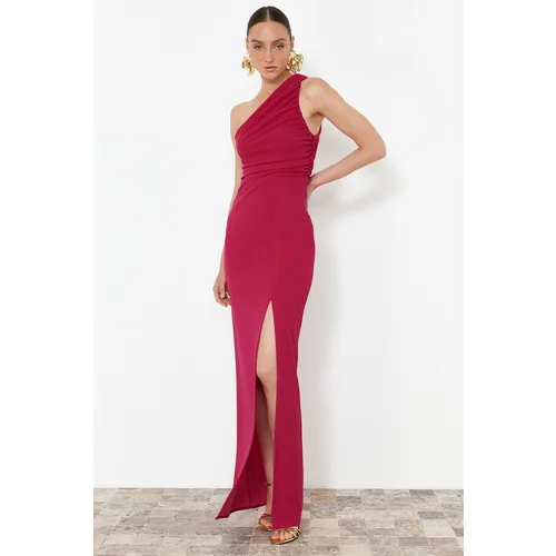 Trendyol Fuchsia Fitted Knitted Long Evening Dress