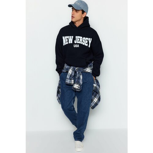 Trendyol Navy Blue Men's Oversize/Wide-Cut Fluffy City Print 100% Cotton Sweatshirt Cene