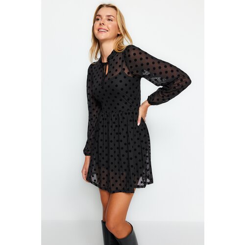 Trendyol Black Polka Dot Skater Long Sleeve Lined Tulle Mini Knitted Dress Slike