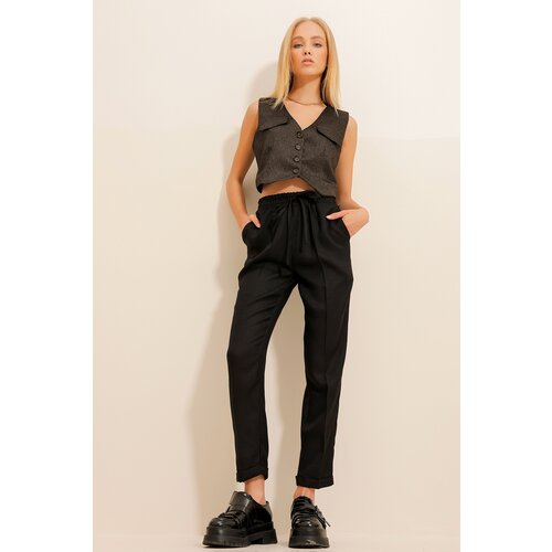 Trend Alaçatı Stili Women's Black Herringbone Patterned Elastic Waist Double Cuff Trousers Slike
