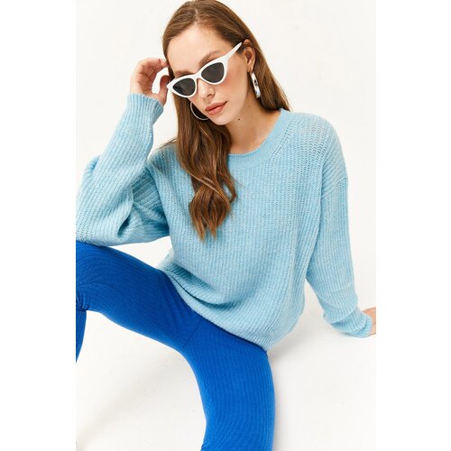 Olalook Women&amp;#039;s Baby Blue Crew Neck Soft Textured Knitwear Sweater Slike