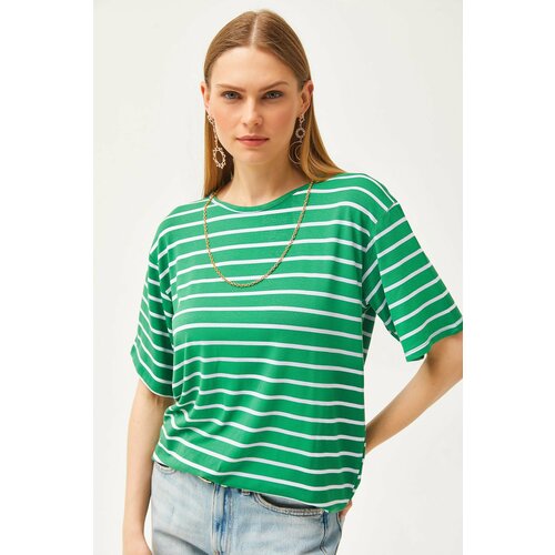 Olalook Women's Grass Green Striped Casual T-Shirt Slike