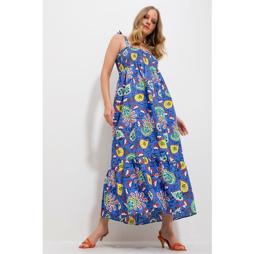 Trend Alaçatı Stili Women's Saxe Blue Strap Skirt Flounce Floral Pattern Gimped Woven Dress Slike