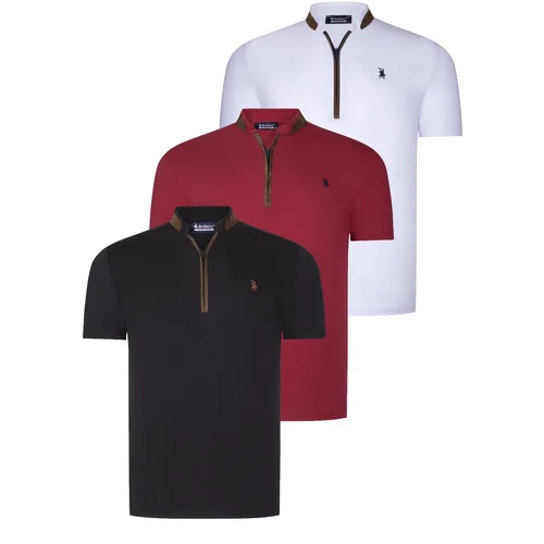 Dewberry TRIPLE SET T8571 ZIPPER MENS T-SHIRT-BLACK-WHITE-BURGUNDY