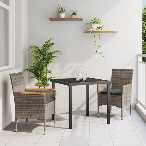 vidaXL 3-delni set za zunanjo jedilnico z blazinami siva poliratana, zunanja miza črna 80x80x73 cm kaljeno steklo Cene