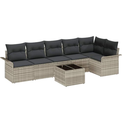 VidaXL Set od 7 dijelova vrtne sofe s jastučićima, sivi poli ratan, 2-sjedna vrtna sofa s pohranom i jastučićima, svijetlo sivi poli ratan Slike