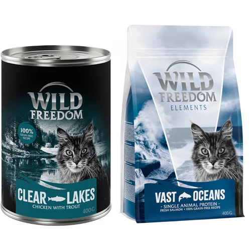 Wild Freedom mokra hrana 12 x 400 g + suha hrana 400 g po posebni ceni! - Clear Lakes - Piščanec & postrv + losos - brez žit