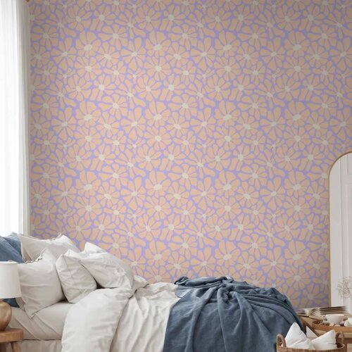  Tapeta - Cute Light-Beige Little Flowers - Small flowers with beige - undulating petals on a blue background. 50x1000 Slike