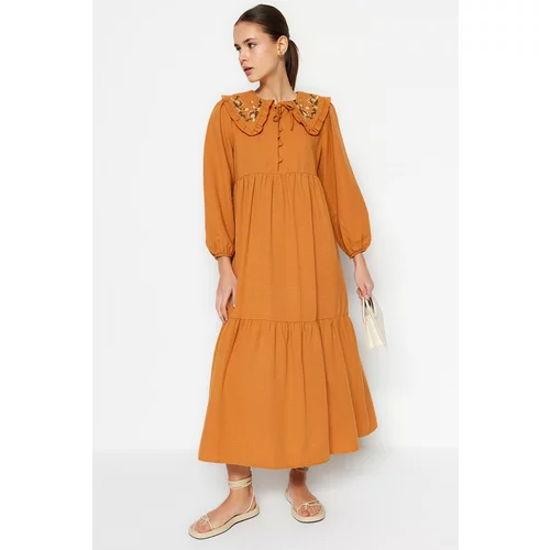 Trendyol Cinnamon Collar Embroidered Half Patties, Linen-Look Woven Dress