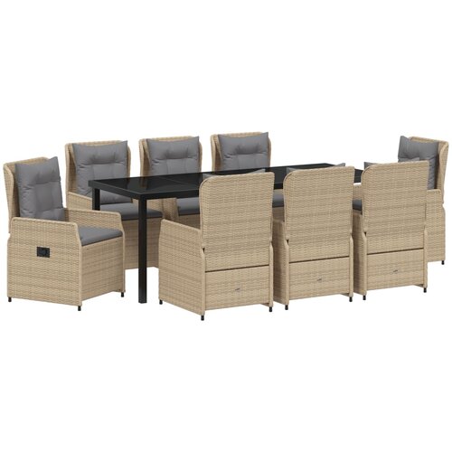 vidaXL Set blagovaonice od 9 dijelova Bež poliratana, Vrtni stol Crn 200x80x73 cm sa kaljenim staklom Cijene