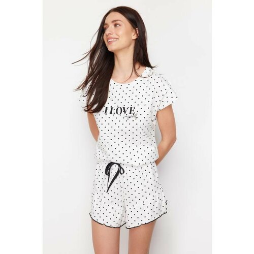 Trendyol White Cotton Polka Dot and Slogan Printed Knitted Pajamas Set Slike