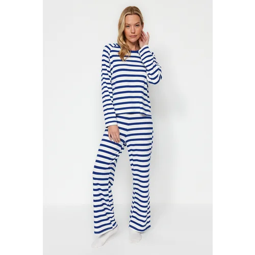 Trendyol Navy Blue-White Striped Cotton Camisole Tshirt-Pants Knitted Pajamas Set