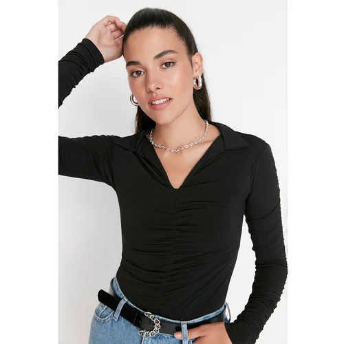 Trendyol Black Pleated Polo Neck Knitted Blouse