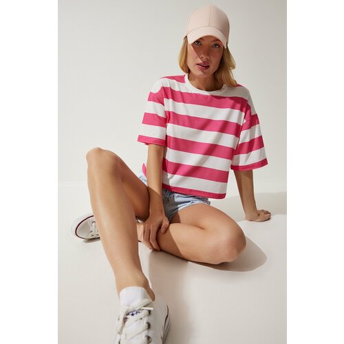 Happiness İstanbul Women's White Pink Crew Neck Striped Crop Knitted T-Shirt Slike