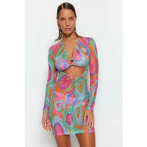 Trendyol Abstract Patterned Fitted Mini Woven Beach Dress with Accessories
