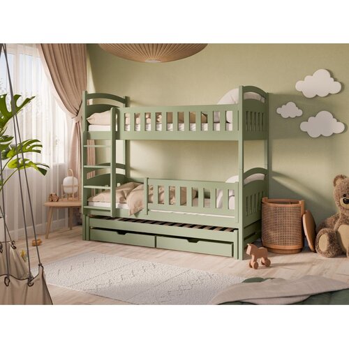 Molarem Home Drveni dječji krevet na kat Blanka s tri kreveta i ladicom - olive - 190x90 cm - Bez madraca Cijene