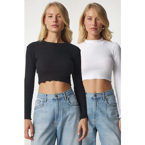  Women's White Black Corduroy 2-Pack Sweater Crop Top