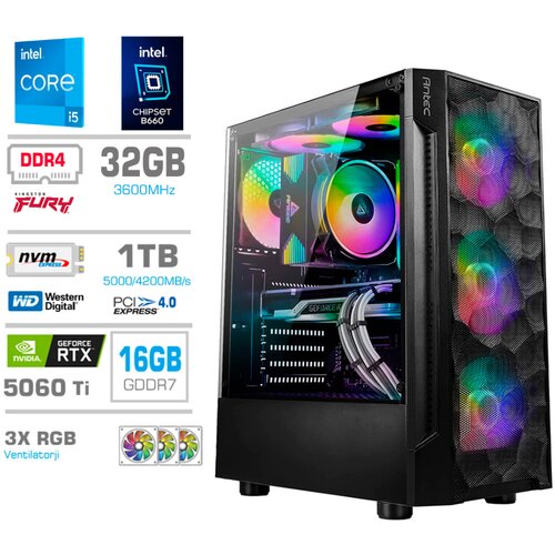 MEGA Računalnik TWR S7 i5-14600KF/RTX5060Ti-16GB/32GB/1TB-4.0/750W/Brez OS RGB, (22097708) Cene