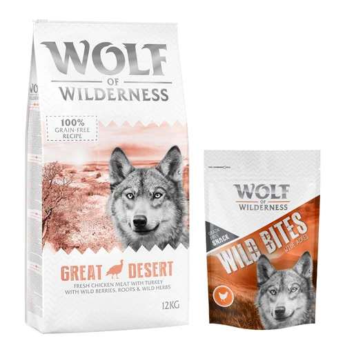 Wolf of Wilderness 12 kg suha hrana + poslastice gratis! - Adult „Great Desert” puretina – bez žitarica + Wide Acres - piletina