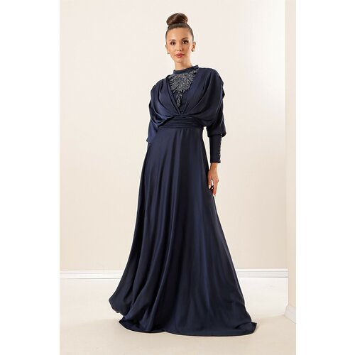 By Saygı Navy Blue Satin Long Dress with Pleated Sleeves, Button Detailed Lined Slike