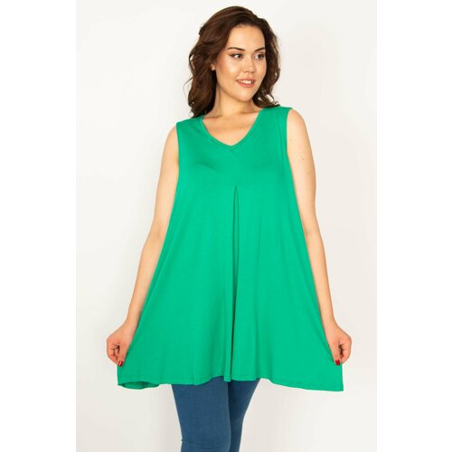 Şans Women's Plus Size Green V-Neck Front A Pleat Tunic Slike