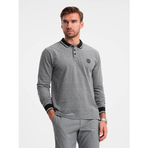 Ombre Men's melange polo longsleeve with embroidery - black melange Slike