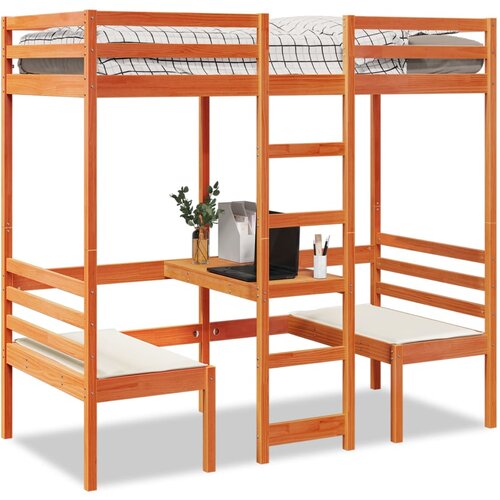 VidaXL Dvignjeni posteljni okvir z mizo, stoli rjav 75x190 cm borovina Slike