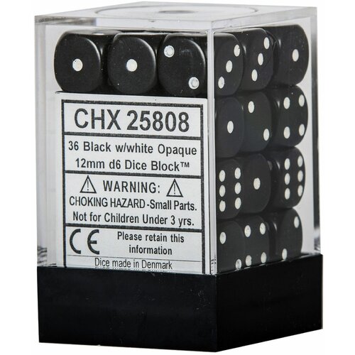Chessex kockice - opaque - black & white - dice block (36) 12mm Slike