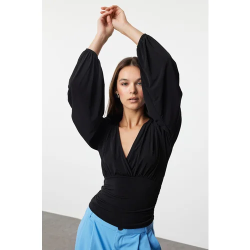 Trendyol Black Double Breasted Gathering/Drape Detailed Long Sleeve Stretchy Knitted Blouse