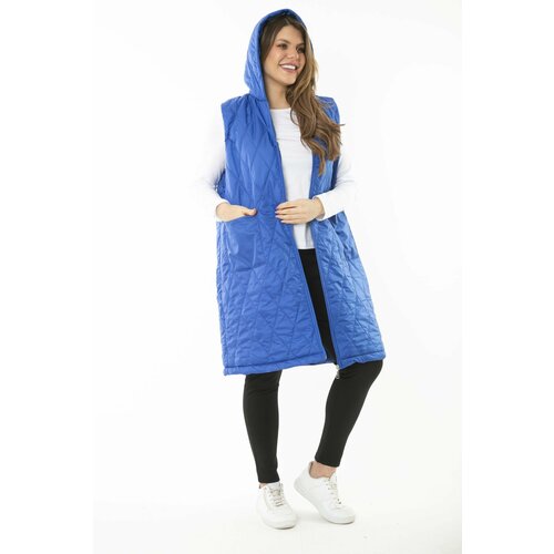 Şans Women's Plus Size Saxe Blue Front Zippered Hooded Quilted Lined Long Coat Cene