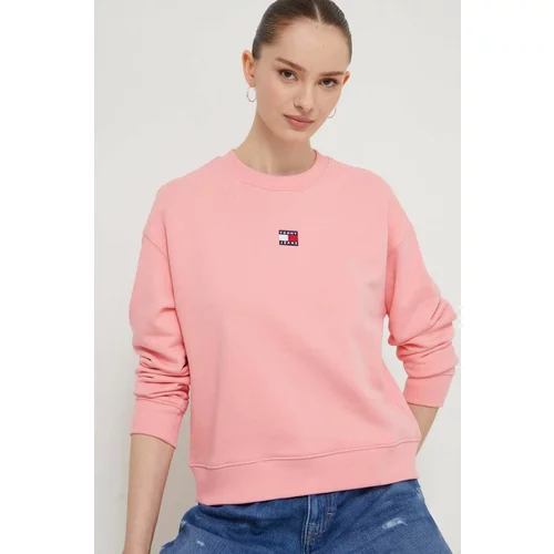 Tommy Jeans Bombažen pulover ženska, roza barva