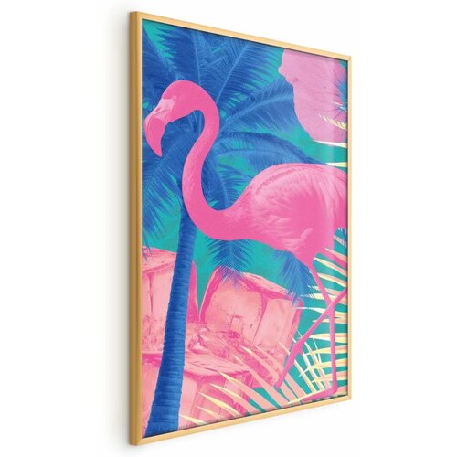  Plakat - Pink Flamingo - abstract flamingo against a background of palm trees and ice cubes 40x60 Zlatni okvir Cene