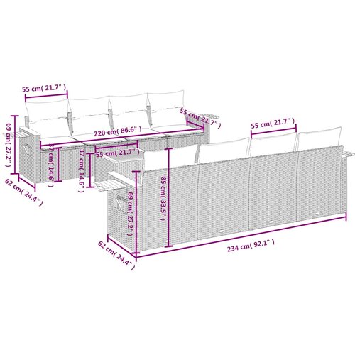  9-dijelni set vrtnih sofa s jastucima crni od poliratana Crna 85 x 62 x 69 cm Slike