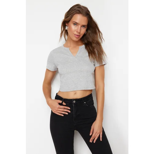 Trendyol Gray Melange 100% Cotton V Neck Detailed Fitted Crop Flexible Knitted T-Shirt