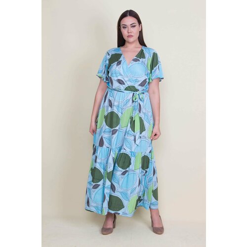 Şans Women's Plus Size Green Wrapped Collar Dress with Elastic Waist and Layered Skirt Part Cene