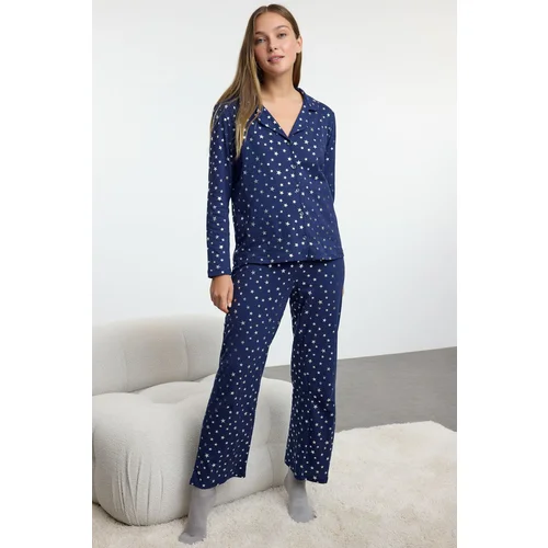 Trendyol Navy Blue 100% Cotton Leaf Star Patterned Knitted Pajama Set