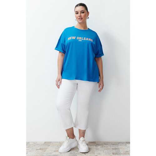 Trendyol Curve Blue Printed Oversize Knitted T-shirt Slike