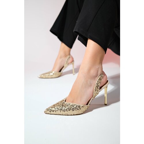 LuviShoes OVERAS Gold Sequined Pointed Toe Women's Thin Heeled Evening Shoes Slike