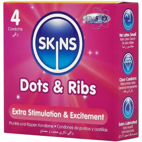 Skins - rebrasti in pikčasti kondom (4 kosi) Slike