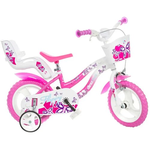Dino Bikes Flappy 12&rdquo; dječji bicikl s ko&scaron;arom i sjedalicom za lutku u ružičasto-bijeloj boji - bicikl Cijene