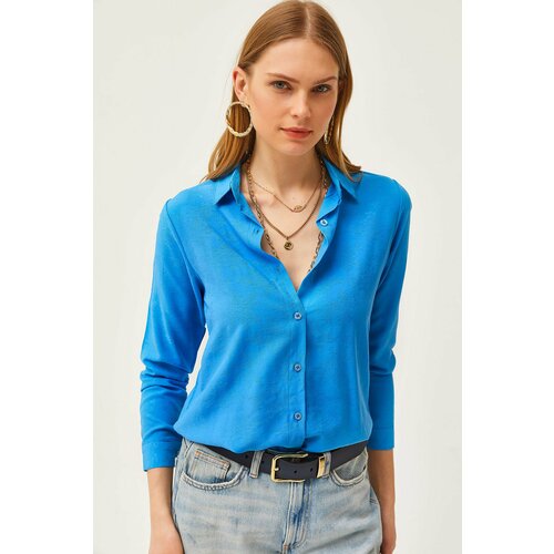 Olalook Women's Floral Blue Jacquard Satin Detail Woven Shirt Slike