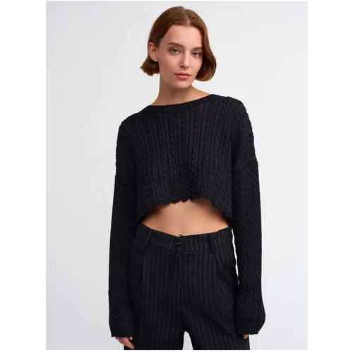 Dilvin 10440 Crew Neck Hair Braided Silvery Crop Knitwear-black