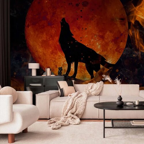  Foto tapeta - Wild nature - wolf on a background of a red moon in flames of fire 98x70 Samoljepljiva Cene