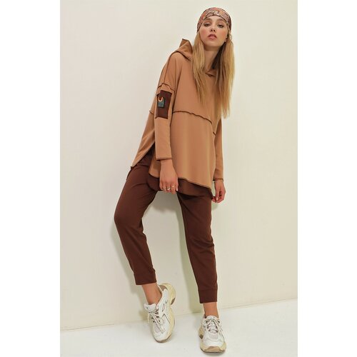 Trend Alaçatı Stili Women's Camel Layered Hoodie, Sweatshirt And Sweatpants Double Suit Slike